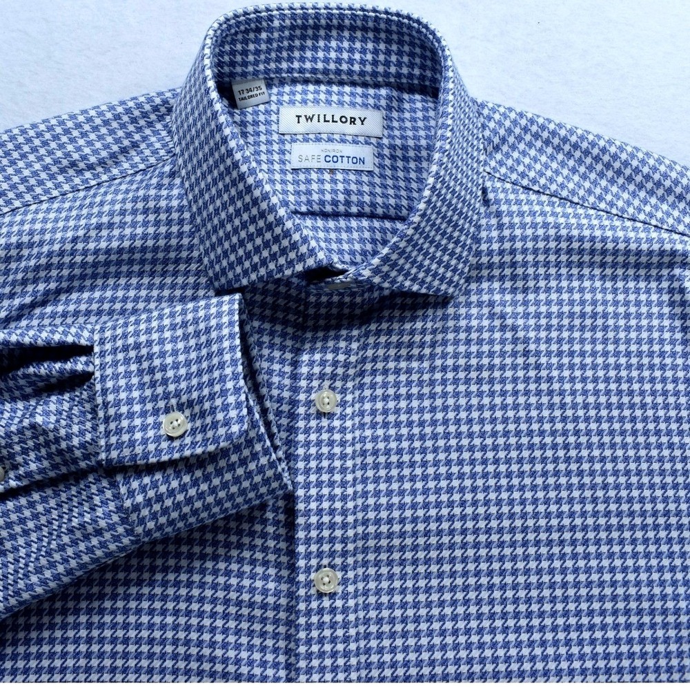 Twillory Non-Iron Dress Shirt Blue White Houndstooth Tailored 17 34/35 Cotton
